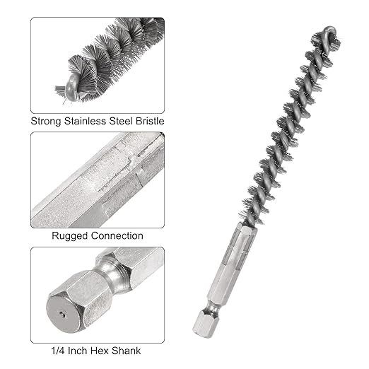 HARFINGTON 5Pcs Bore Brush Stainless Steel 10mm Dia Cleaning Twisted Wire Brush Tube Pipe Cleaner with Handle 1/4 Inch Hex Shank for Tubes, Ports, Bearings