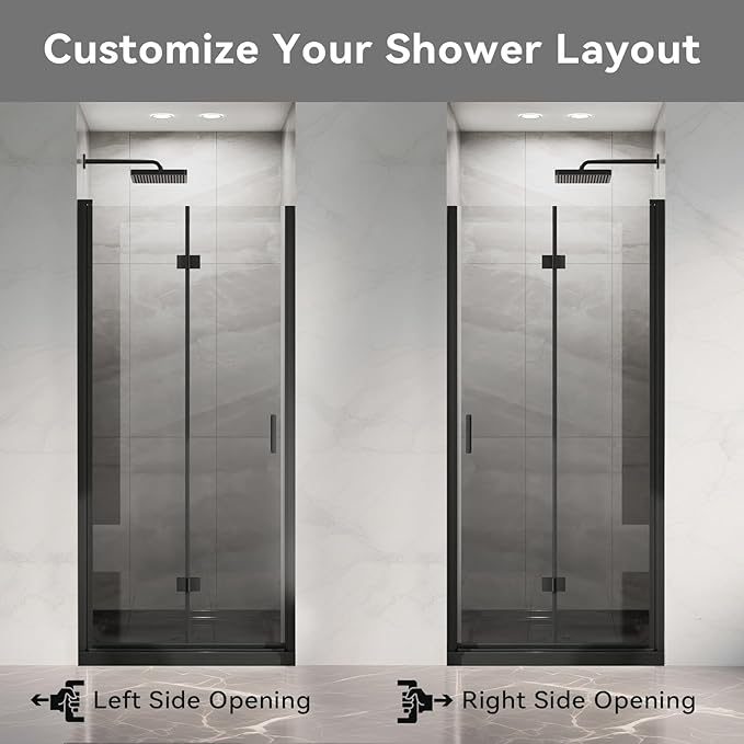 Frameless Bi-Fold Shower Door 34" W x 72" H, 1/4" Clear Tempered Glass, Folding Swing Design, Reversible Installation, Black Finish, Space-Saving Glass Shower Door for Small Bathrooms
