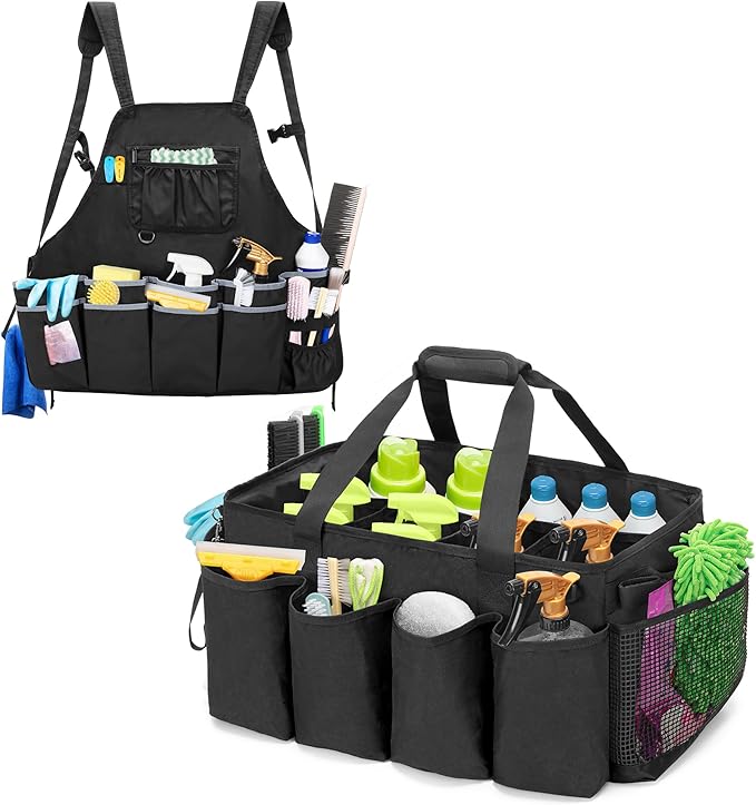 Extra-Large Cleaning Caddy & Large Apron, Organizer with Handle & Apron with Dual Shoulder Straps For Cleaning Tools Storage, Black