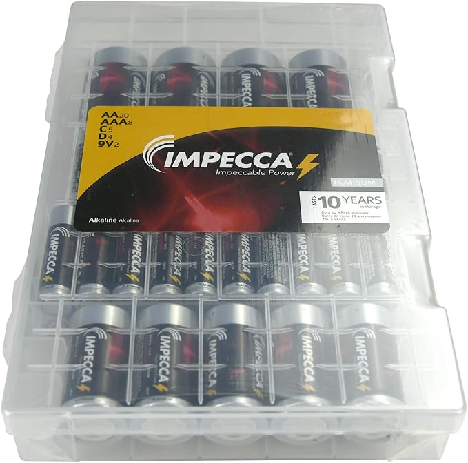 Impecca Super Alkaline Batteries AA-20 AAA-8 C-5 D-5 9Volt-2 Maximum Power 10-Year Shelf Life Long Lasting Batteries Combo Pack with Battery Storage Box Organizer, 39 Batteries Variety Pack