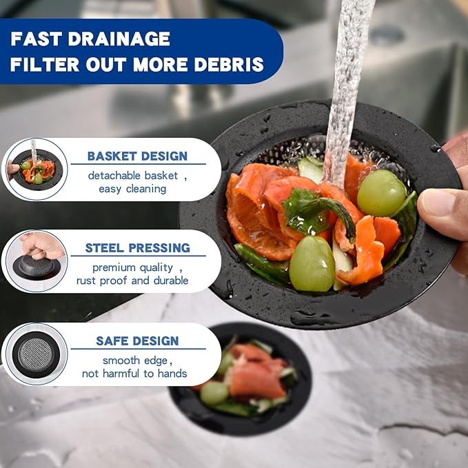 2PC Kitchen Sink Drain Strainer Stainless Steel with Mesh |4.4 inch Wide Rim Sink Drain Basket Cover | Anti-Clogging Food Catcher|Suitable for Most Sink Drains |Dishwasher Safe Drain Filter (Black)