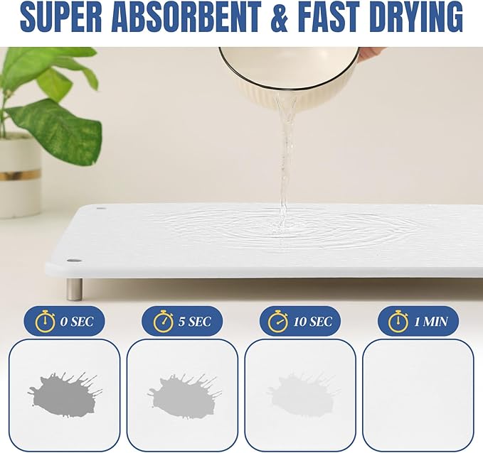 Stone Drying Mat for Kitchen Counter with Non-Slip Stainless Steel Feet, Quick Drying Diatomaceous Dish Racks for Dishes, Bottles and more, 15.7"(L)×11.8"(W), Pearl White