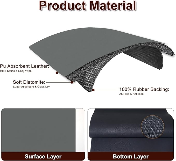 Dish Drying Mat for Kitchen, 16’’ X 18’’ Coffee Bar Mats for Countertop Fit Under Coffee Maker, Hide Stain Rubber Backed Espresso Machine Absorbent Drying Pad, Gray
