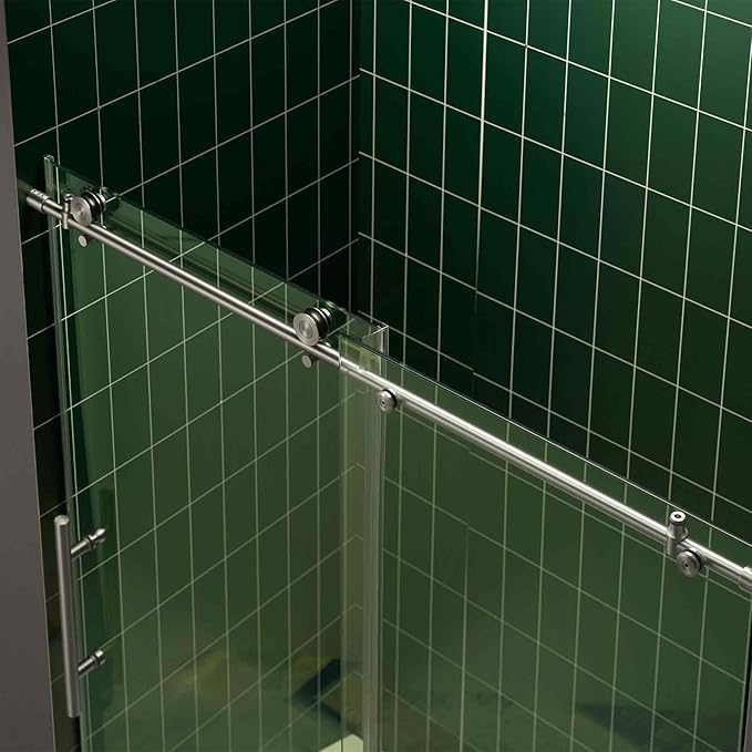 Woodbridge 56-60" W x 80" H Frameless Single Sliding Shower Door with Tempered Glass & Explosion Proof Film in Brushed Nickel Finish