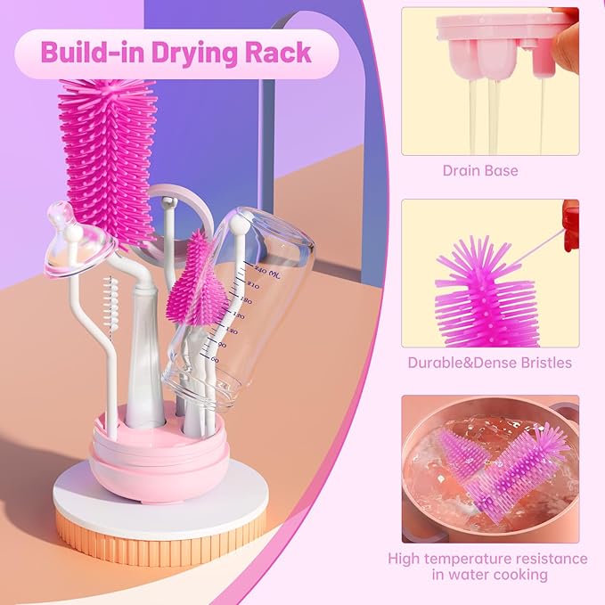 Bottle Brush Set,Travel Bottle Cleaner Kit with Baby Bottle Brush,UV Light,Straw Brush,Nipple Brush,Bottle Drying Rack for Home and Travel