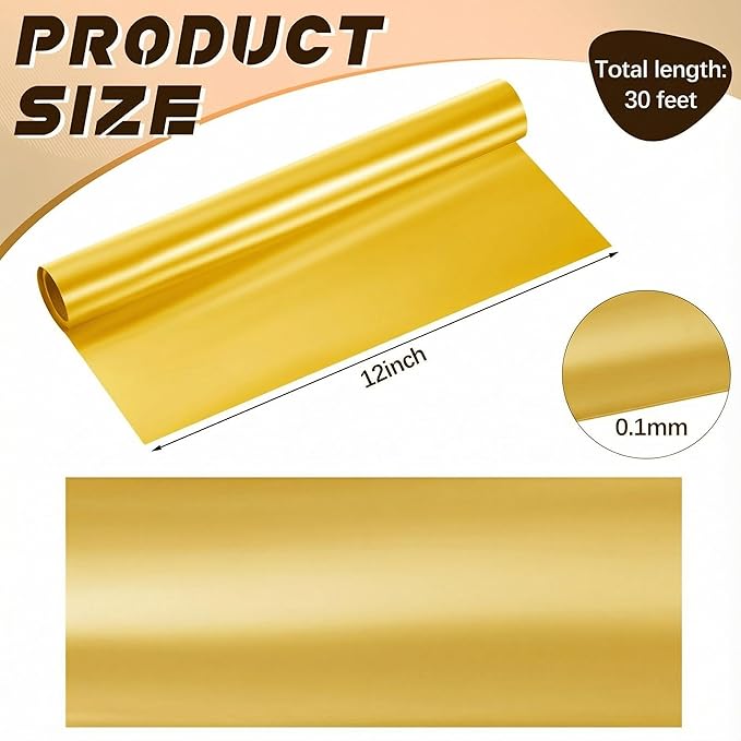 Yaocom 1 Roll Aluminum Metal Crafts DIY Foil 12 Inch x 30 ft x 0.1 mm Thick for Art Project Aluminum Flashing Roll Wide Sheet Multipurpose Metal Sheets for DIY and Crafting Projects (Golden)