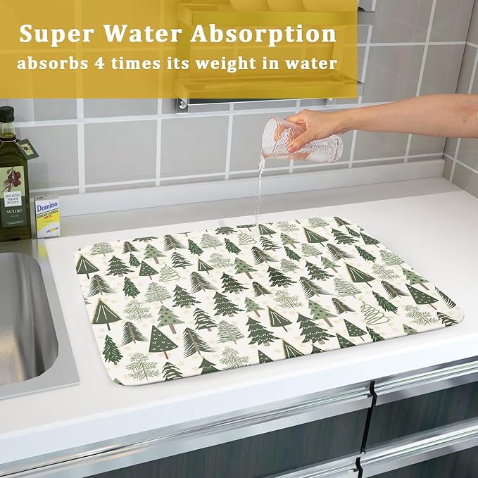 Christmas Dish Drying Mat for Kitchen Counter 18x24 Green Xmas Tree Block Print Winter Holiday Theme Absorbent Reversible Microfiber Drying Mats Kitchen Countertop Protector Dishes Drainer Pad