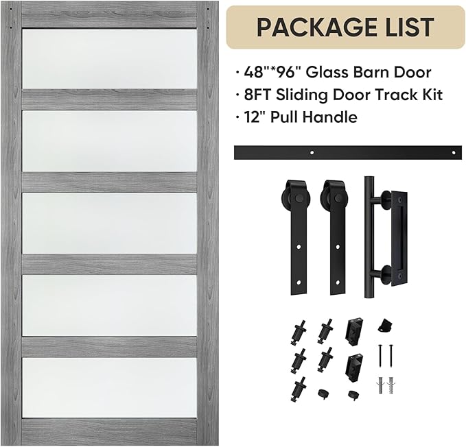 BARNSMITH 48in x 96in Glass Barn Door and 8FT Sliding Door Hardware Included, 5-Panel Frosted Glass, Solid Wood Covered with Water-Proof PVC Surface, Easy Assembly, Grey