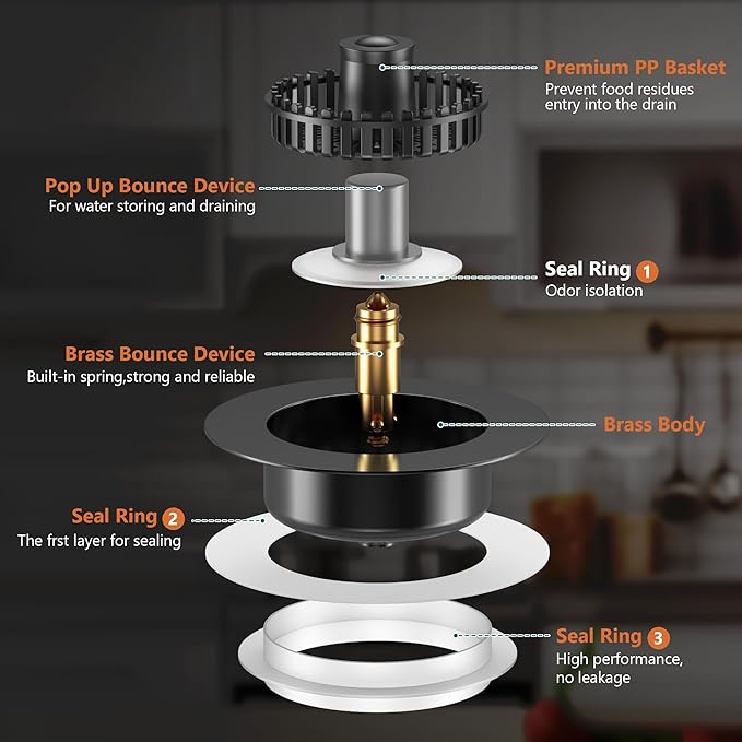 3-in-1 Kitchen Sink Strainer & Stopper, Matte Black Pop Up Drain Filter – Anti-Clogging Food Catcher with Brass Core – Fits Standard 3.5 Inch Drain, Deep Basket for Easy Cleaning