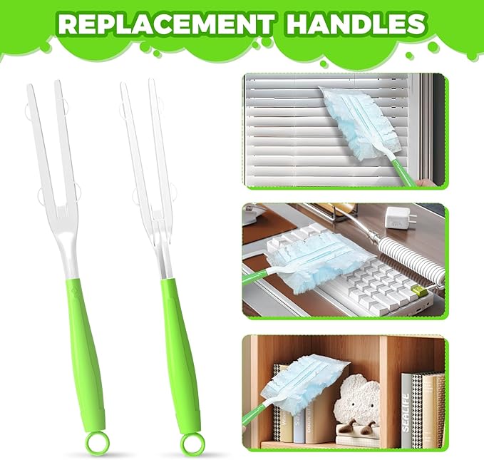 3PCS Duster Refills Folding Handles Set Compatible with Swiffer Dusters,Disposable Static Dust Removal Brush Handle for Dusting Electronics,Furniture,Blinds,Ceiling Fans (3, Green)