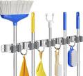 Mop Broom Holder Wall Mount Mop and Broom Holder with 5 Racks and 4 Hooks, Heavy Duty Broom Hanger Tool Storage Oragnizer Rack for Home, Garage, Garden and Laundry Room, Sliver