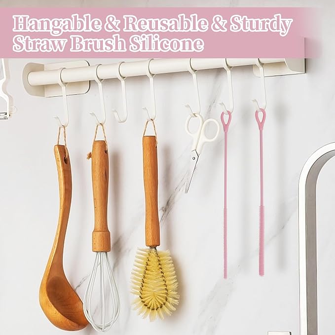 2Pcs silicone straw cleaning brushes, extra long, used for Cleaning Glass Metal Smoothie Straws and StrawCups,Non-slip Handle Soft and Bendable, 6mm+9mm. (Pink)