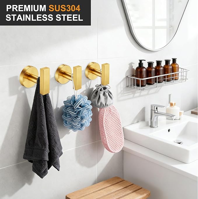 Nolimas Towel Hooks for Bathrooms, Brushed Gold Towel Hook for Kitchen Bathroom, SUS304 Stainless Steel Coat Hook, Heavy Heavy Duty Robe Hooks for Hanging Towels, Coats, sponges, Wall Mount, 4 Pack