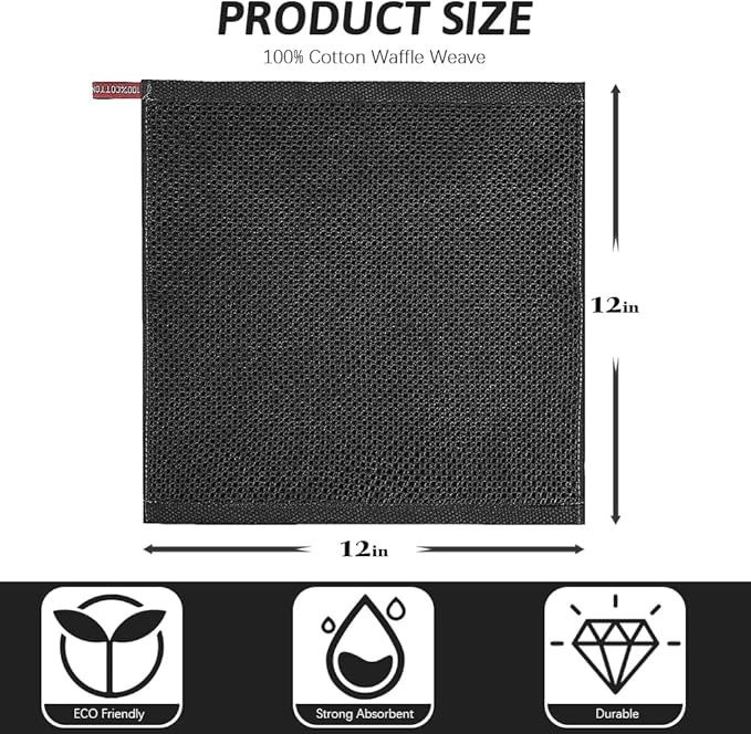 Nialnant 100% Cotton Kitchen Towels,6 Pack Waffle Weave Kitchen Dish Cloths,Absorbent Dish Towels Quick Drying Cleaning Rags-Black,12 x 12In
