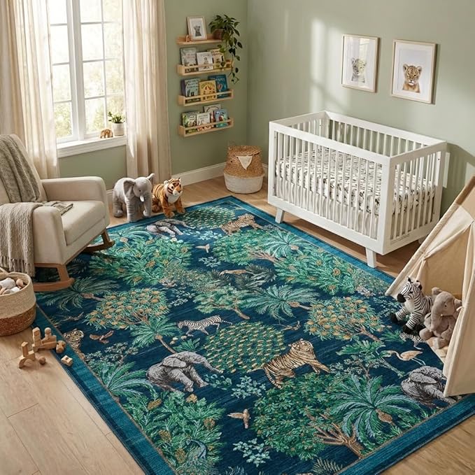GarveeHome Jungle Animal Print Rug 5x7 Washable Area Rugs for Living Room, Forest Rug Non Slip Low Pile Stain Resistance Large Throw Carpet for Bedroom Dining Room Kids Playroom Nursery, Blue