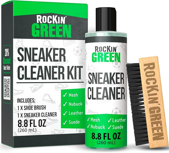 Rockin'Green Shoe Cleaning Kit - Shoe Cleaner Sneakers Solution with Brush Included - Sneaker Cleaner Kit Safe for Mesh, Nubuck, Leather, Suede - Deep Refresh Care Kit (8.8fl oz)