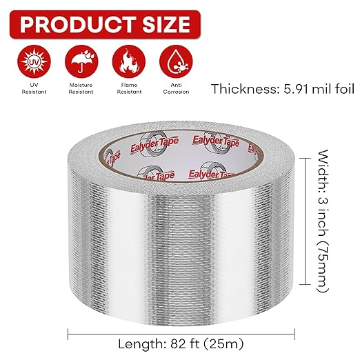 3in x 82ft Adhesive Aluminum Foil Heat Shield Tape, Fiberglass Thermal Insulation Reflective Material for Pipe, Duct, Exhaust, HVAC and High Temp Protection, 5.91MIL