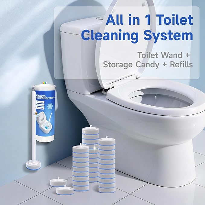 Disposable Toilet Brush, All-in-One Toilet Cleaning System,Toilet Bowl Wand Kit with 18 Count Scrubbing Pads Refills,Wall-Mounted,Compact,Multipurpose
