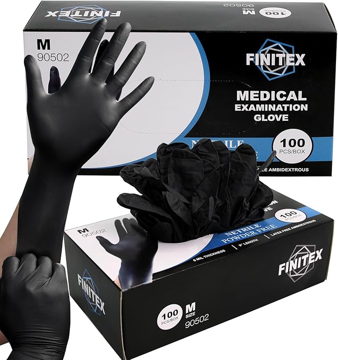 FINITEX Black Nitrile Disposable Medical Exam Gloves - 100/1000 PCS 6.3mil Powder-Free Latex-Free Food Gloves
