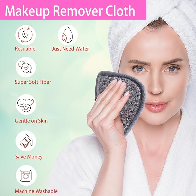 Makeup Remover Cloths for Face, Eye, Lips - Reusable Makeup Remover Pads Soft Microfiber Facial Cleansing Cloths 5 x 5inch 12 Pack (Gray)