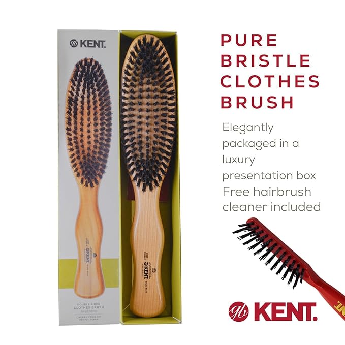 Kent CC20 Double Sided Cherrywood Clothes Brush and Lint Remover, Firm Side for Dust and Dirt, Soft Side for Gentle Brushing for Keeping Fabrics Free from Fibres, Fluff and Pet Hair, Made in England