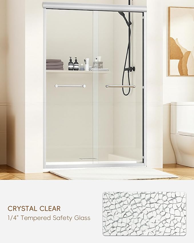 Shower Door 44-48'' W x 72'' H Semi-Frameless & Double Sliding, 1/4 inch (6mm) Thickness Clear Tempered Glass for Walk-in Shower, Brushed Nickel