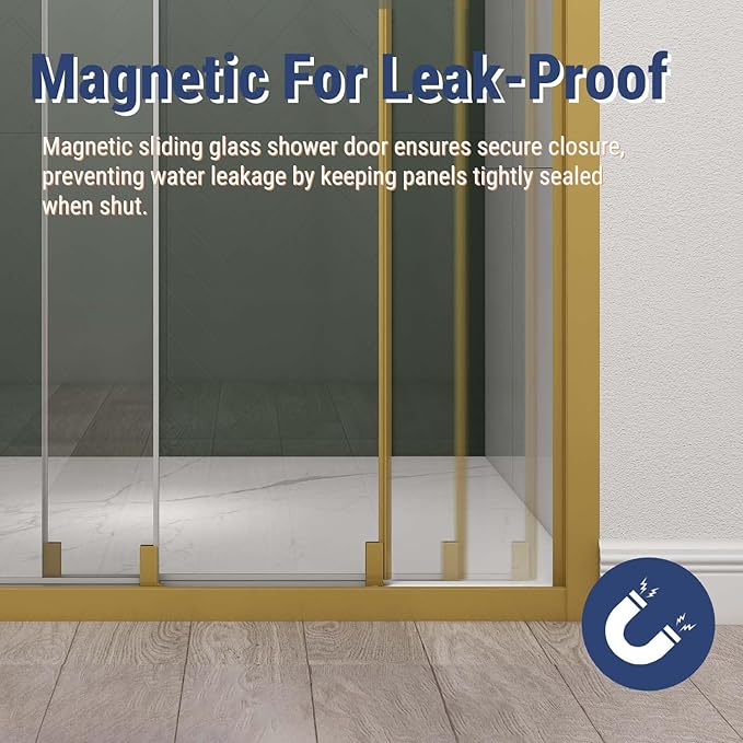 42" W x 78" H 3-Panels Sliding Shower Door, Shower Door Clear 6mm Tempered Glass with Brushed Gold Frame, 3-Panels Sliding Shower Easy to Clean,Three-Panel Synchronized Shower Sliding Door