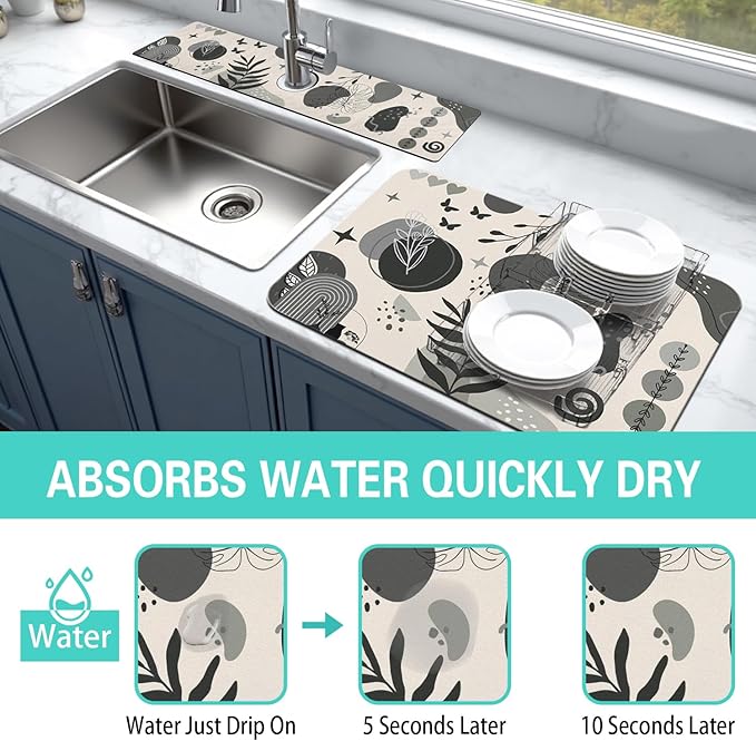 Dish Drying Mat for Kitchen Counter Matt, 2PCS 24"x18" Dish Drainer Mat & 24"x5.5" Sink Splash Guard, Super Absorbent Non-slip Rubber Backed