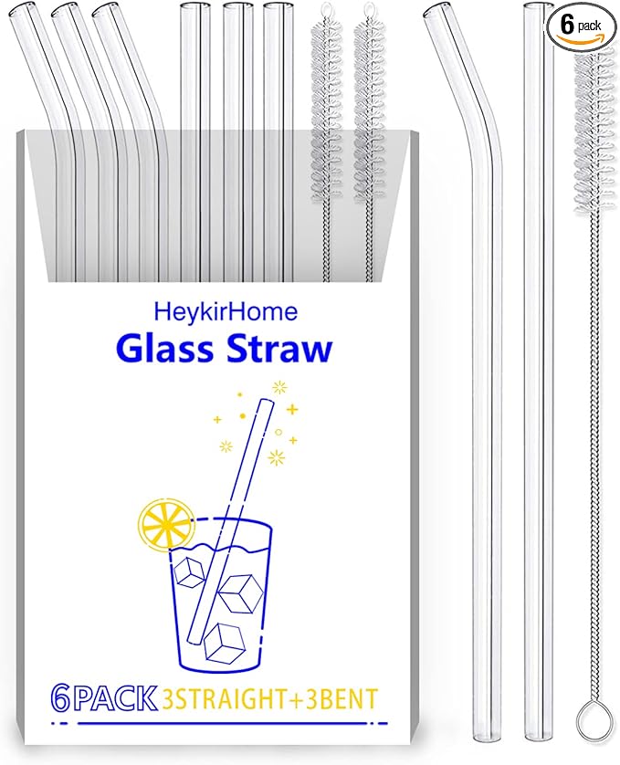 6-Pack Reusable Glass Straw-Transparent,Size 8''x10 MM,Including 3 Straight and 3 Bent with 2 Cleaning Brush- Perfect For Smoothies, Tea, Juice-Clear