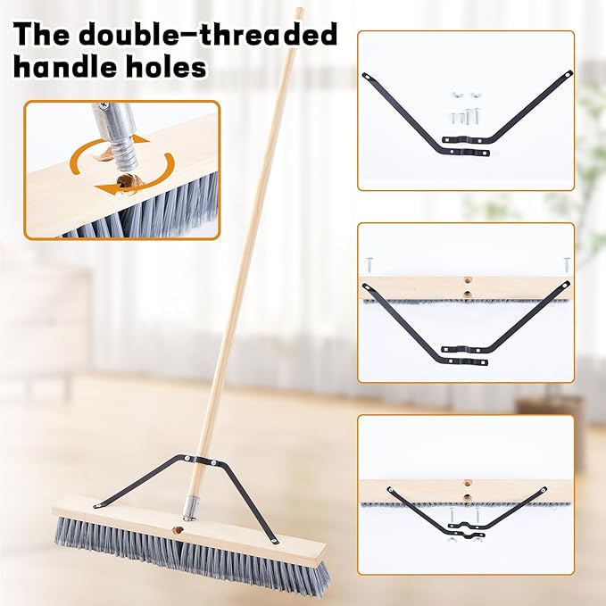 Maxdot 2 Pcs 24” Fine-Sweep Push Broom Head, Threaded Wood Block with Broom Brace for Outdoor Indoor