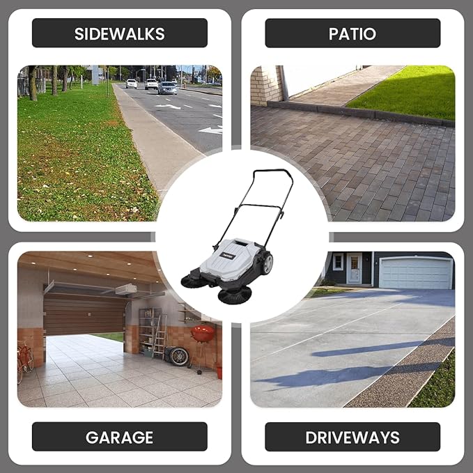 Walk-Behind Outdoor Hand Push Floor Sweeper - 5.25 Gallon Capacity - 25.5" Sweeping Width - Sweeps up to 27,900 ft/Hour, Grey