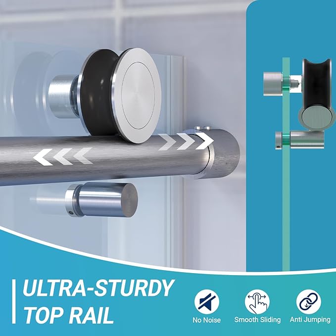 Abruzzo 76" Tall Frameless Single Sliding Shower Door - Adjustable 56" to 60" Width, 1/4" (6mm) Tempered Glass with Safety Film, Brushed Nickel Finish for Walk-in Showers, Space Saving Design