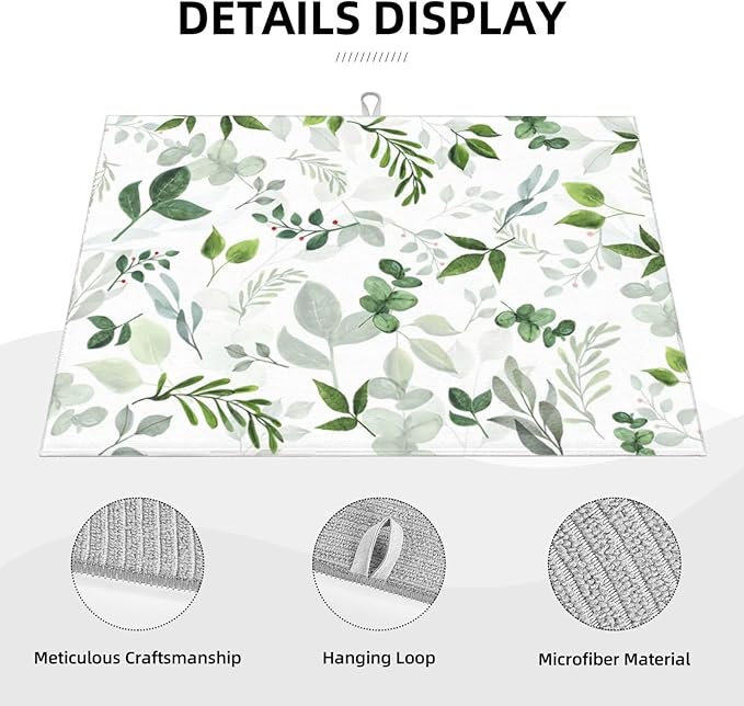 Green Leaves Dish Drying Mat 18x24 inches Microfiber Absorbent Fast Dry Mat for Kitchen Counter Coffee Bar Green Plants Large Drying Mat Kitchen Decor Gifts (Green Leaves, 18x24 inches)