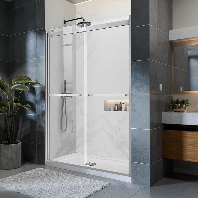 Sliding Shower Door, 44-48" W x 76" H Semi-Frameless Double Sliding Glass Shower Door with 5/16'' (8mm) Clear ASNI SGCC Tempered Glass, Bypass Shower Enclosure, Brushed Silver