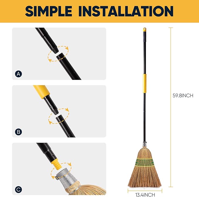 Yocada Heavy-Duty Corn Broom Commercial Dustpan Set with Comb Indoor Outdoor Broom Perfect for Courtyard Garage Lobby Mall Market Floor Home Office Leaves Stone Dust Rubbish…
