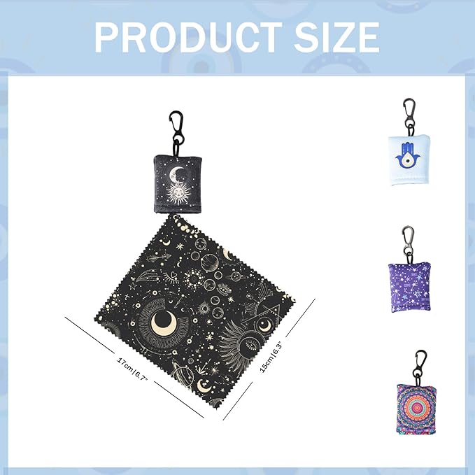 Glasses Cleaning Cloth, 4PC Microfiber Lens Cloth Keychain,Positive Energy Balance - Evil Eye, Mandala , Sun Moon, Divination Symbols for Positive Aura, Protection & Focus, Double Sided Printing