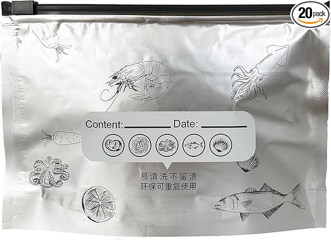 FERENLI 20 pcs 9.1x6.7inch Reusable Aluminum Foil Food Storage Bags with Label Zipper Seal Lock Stand up Freshness Freezer Bags for Meat Fish Vegetables Fruit Seafood Kitchen Organization