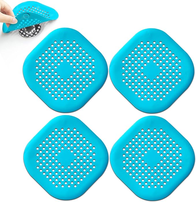 4 Pcs Shower Drain Hair Catcher Bathtub Stopper Home Drain Protectors Drain Cover with Sucker Water Trap Sink Cover for Bathroom Bathtub and Kitchen (Blue)