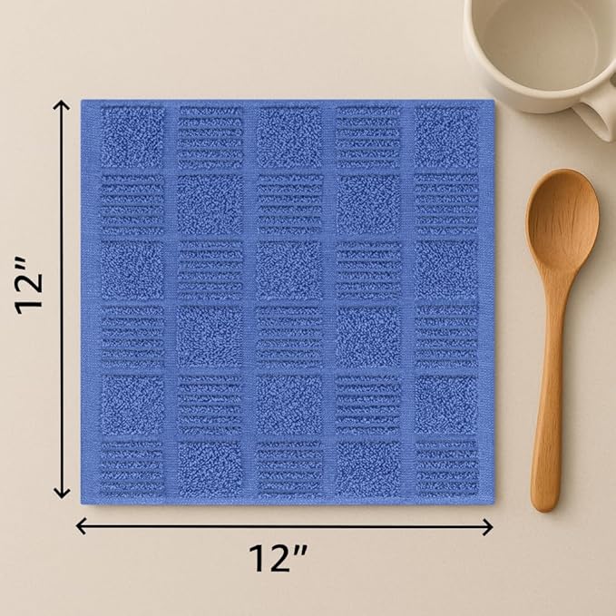 DecorRack 10 Pack 100% Cotton Kitchen Towels, 12x12 inch Soft Terry Dishcloths, Absorbent Hand Towels for Cleaning, Drying & Dishes, Plaid Pattern Cleaning Rags, Blue (Pack of 10)