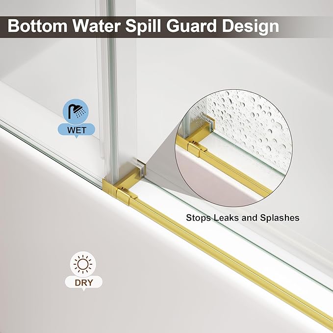 Frameless Bathtub Shower Door, Tub Sliding Door with Nano Coating & Safety Film, 1/4" (6mm) SGCC Tempered Glass，Adjustable 55"-60" W x 60" H, Brushed Gold