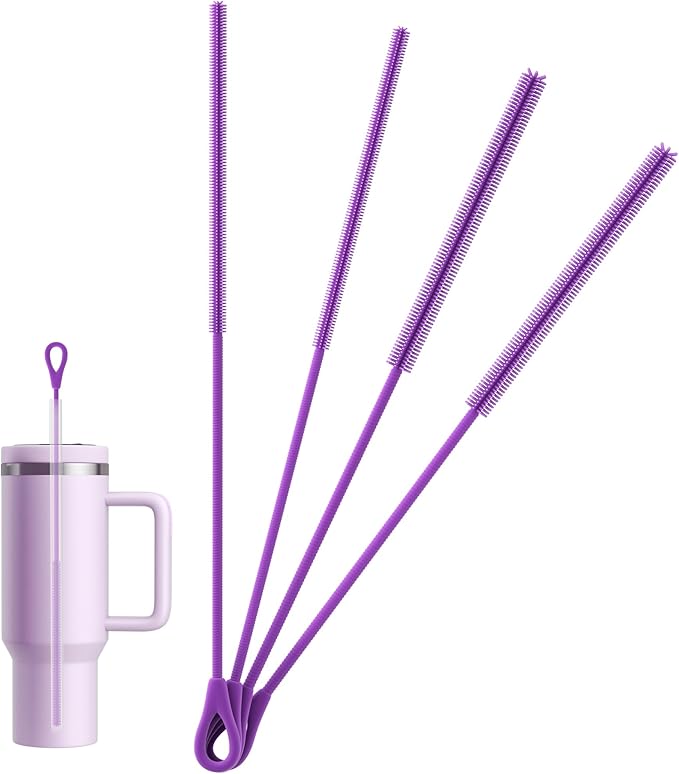 Silicone Straw Cleaner Brush - 4 Pcs Straw Brush for Water Bottle Sippy Cup Tubes Glass Straws, Reusable Bendable and Dishwasher Safe Purple