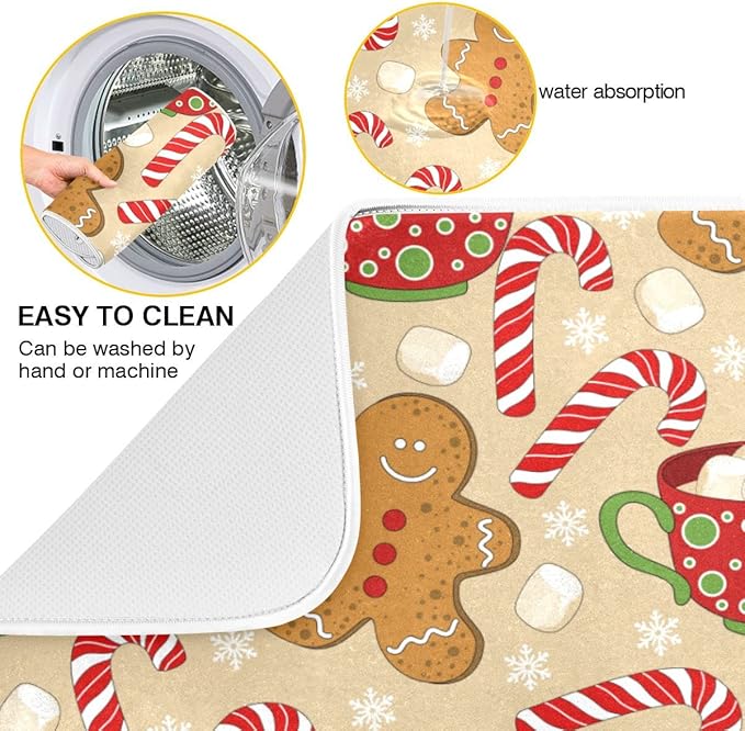 Christmas Gingerbread Man Candy Cane Dish Drying Mat for Kitchen Winter Snow Snowflake Snowman Xmas Microfiber Drying Mats Absorbent Reversible Dish Pad Large Dish Draining Mat 18x24 inch