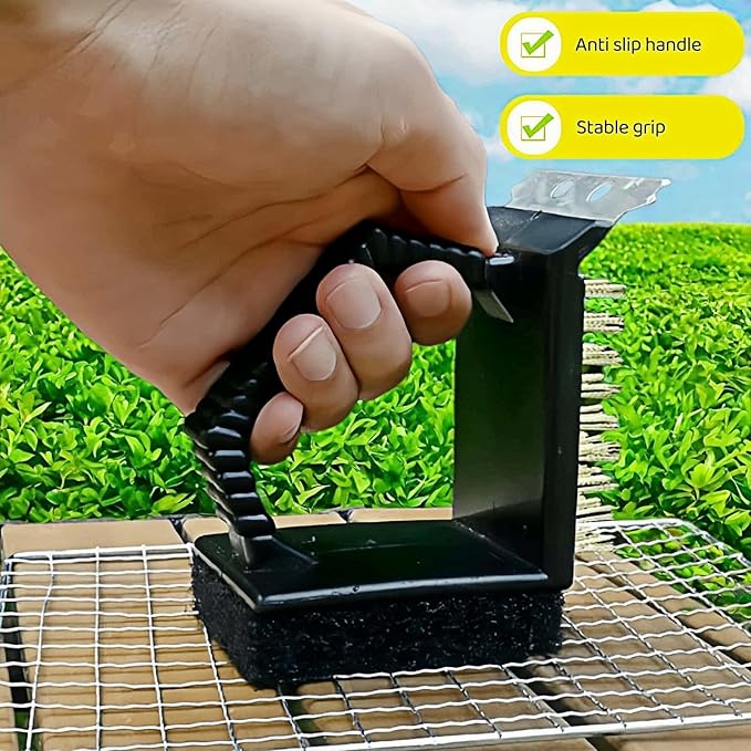 3-in-1 Heavy Duty Grill Brush with Copper Bristles, Stainless Scraper & Sponge - Angled Triangle BBQ Cleaner Tool, Non-Slip Grip for Grill Grate (Black)