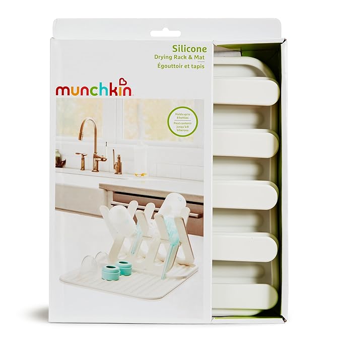 Munchkin Bottle Drying Rack and Mat, Holds 8 Bottles, Pump Parts, Pacifiers, & Accessories, Space Saving Folding Design, Home and Travel Use, Silicone, White