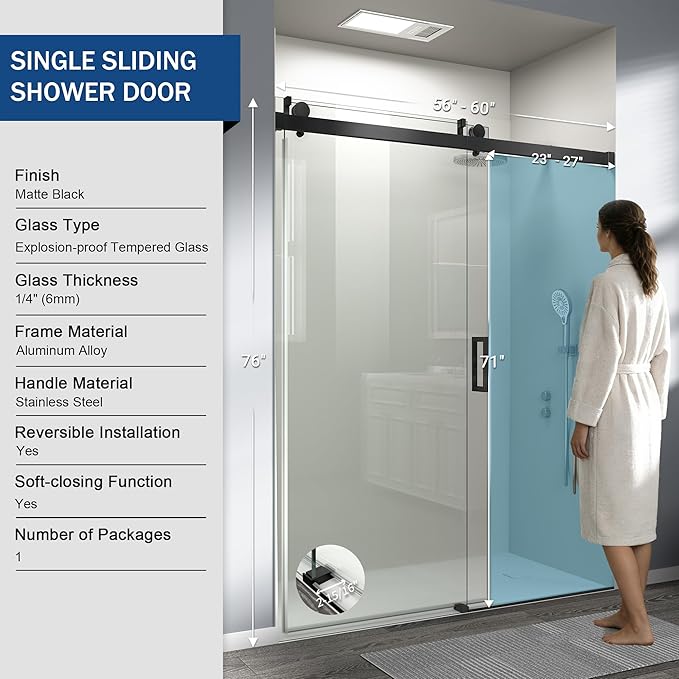 Abruzzo 76" Frameless Shower Door Single Sliding - 1/4" Tempered Glass Soft Close, Matte Black, Adjustable 56-60" Width