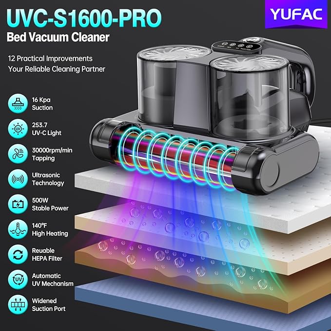 Mattress Vacuum Cleaner 5 in 1 Bed Vacuum Cleaner with 16Kpa Suction 253.7nm UV-C Light, HEPA Filtration, Ultrasonic, High Heating, 30000Rpm/Min Rotation , Replacement Filter Included, 500W, Corded