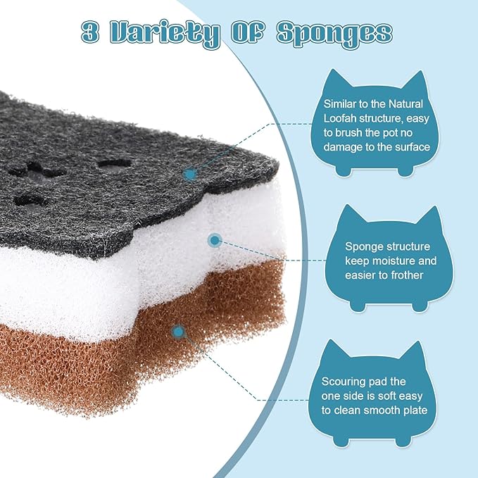 12 Pcs Cat Kitchen Sponges for Dishes Double Sided Cleaning Dish Scrub Sponge Bulk Reusable Non Scratch Scrubbers for House Cleaning Dishwashing(Cat,Colorful)