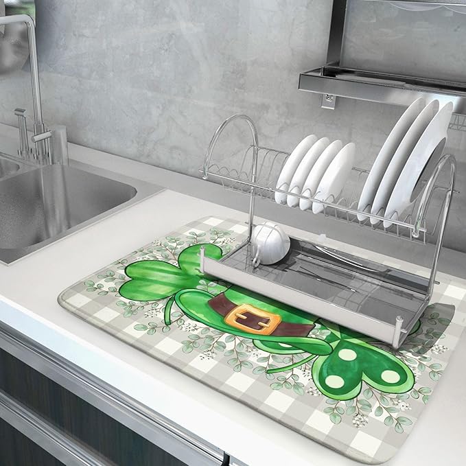 Khope St Patrick's Day Dish Drying Mat for Kitchen Counter 18x24 Inch Green Shamrock Hat Eucalyptus Leaves Reusable Washable Drying Pad Countertop Home Decor
