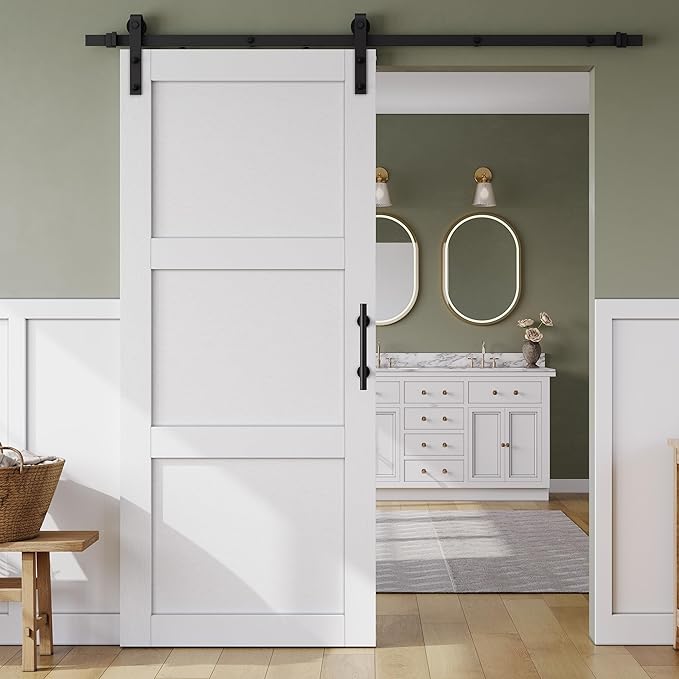 SmartStandard 36in x 84in Sliding Barn Door with 6.6FT Barn Door Hardware Track Kit & Handle, Waterproof PVC Surface, Pre-Drilled Holes Easy to Assemble, White, Solid, MDF, 3 Panel