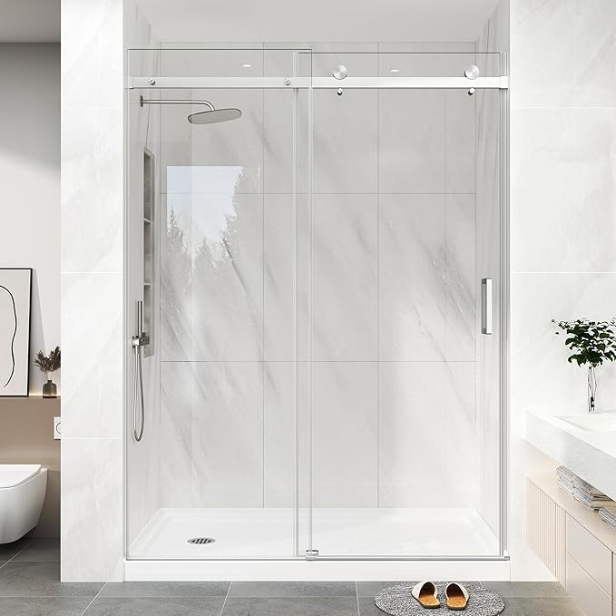 KPUY Frameless Shower Door, 49-54" W x 76" H Sliding Glass Shower Door, 1/4" (6mm) Thick Tempered Clear Glass with Explosion-Proof Film Nano Coating in Brushed Nickle Finish